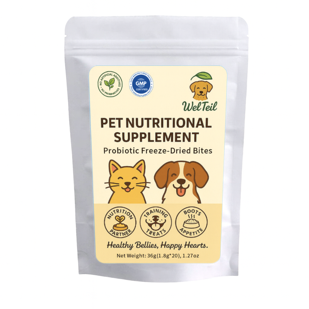 WelTeil Freeze-Dried Probiotic Bites for pets – natural digestive and immune support supplement, front packaging view.
