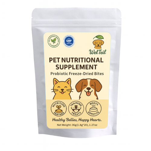 WelTeil Freeze-Dried Probiotic Bites for pets – natural digestive and immune support supplement, front packaging view.