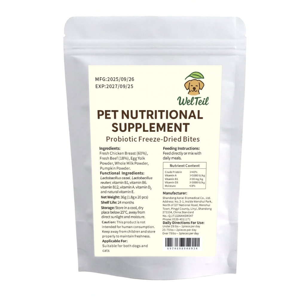 Back label of WelTeil Freeze-Dried Probiotic Bites showing natural ingredients, probiotics, nutritional facts, and quality certification.