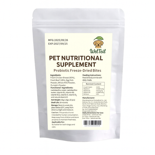 Back label of WelTeil Freeze-Dried Probiotic Bites showing natural ingredients, probiotics, nutritional facts, and quality certification.