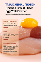 Natural ingredients of WelTeil Freeze-Dried Probiotic Bites including egg yolk powder, beef, and chicken breast, high-protein and nutrient-rich treats for pets.